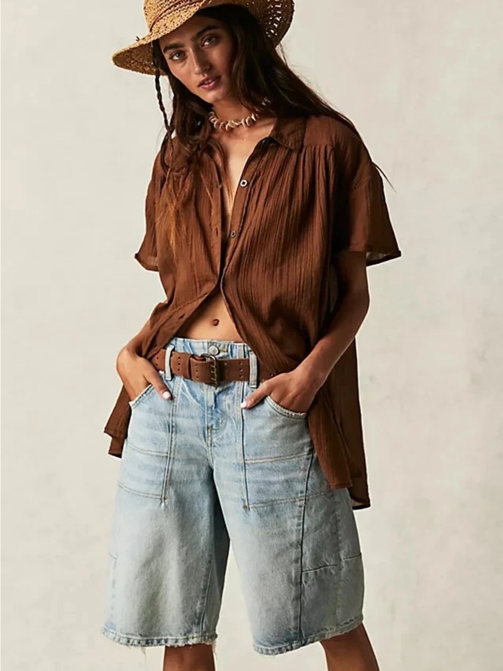 We The Free Brown Button-Down Short-Sleeve Shirt